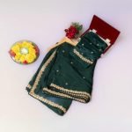 Emerald Grace – Bottle Green Organza Saree with golden embroidery
