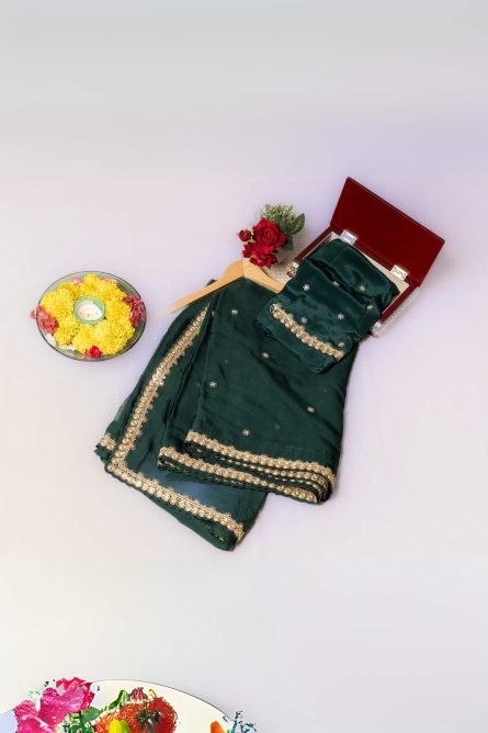 Emerald Grace – Bottle Green Organza Saree with golden embroidery