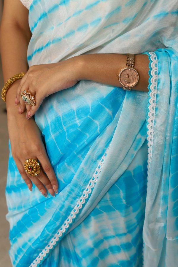 Firozi Dream – Shibori Chinon Saree with White Lace