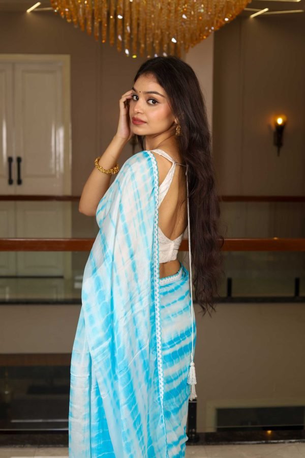 Firozi Dream – Shibori Chinon Saree with White Lace