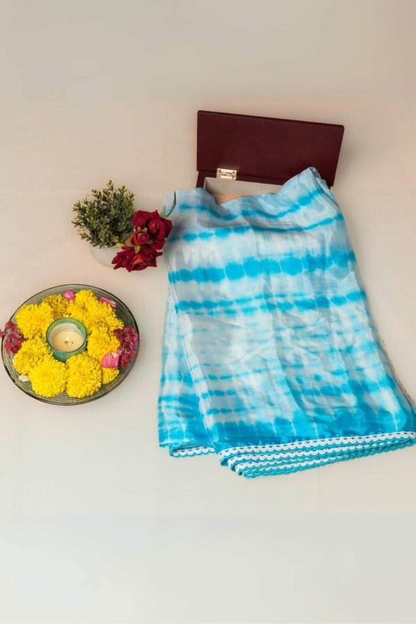Firozi Dream – Shibori Chinon Saree with White Lace Firozi Dream – Shibori Chinon Saree with White Lace