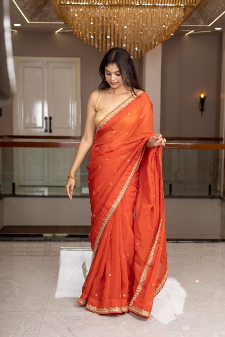 Sunset Glow – Orange Organza Saree with Golden Embroidery - Image 4