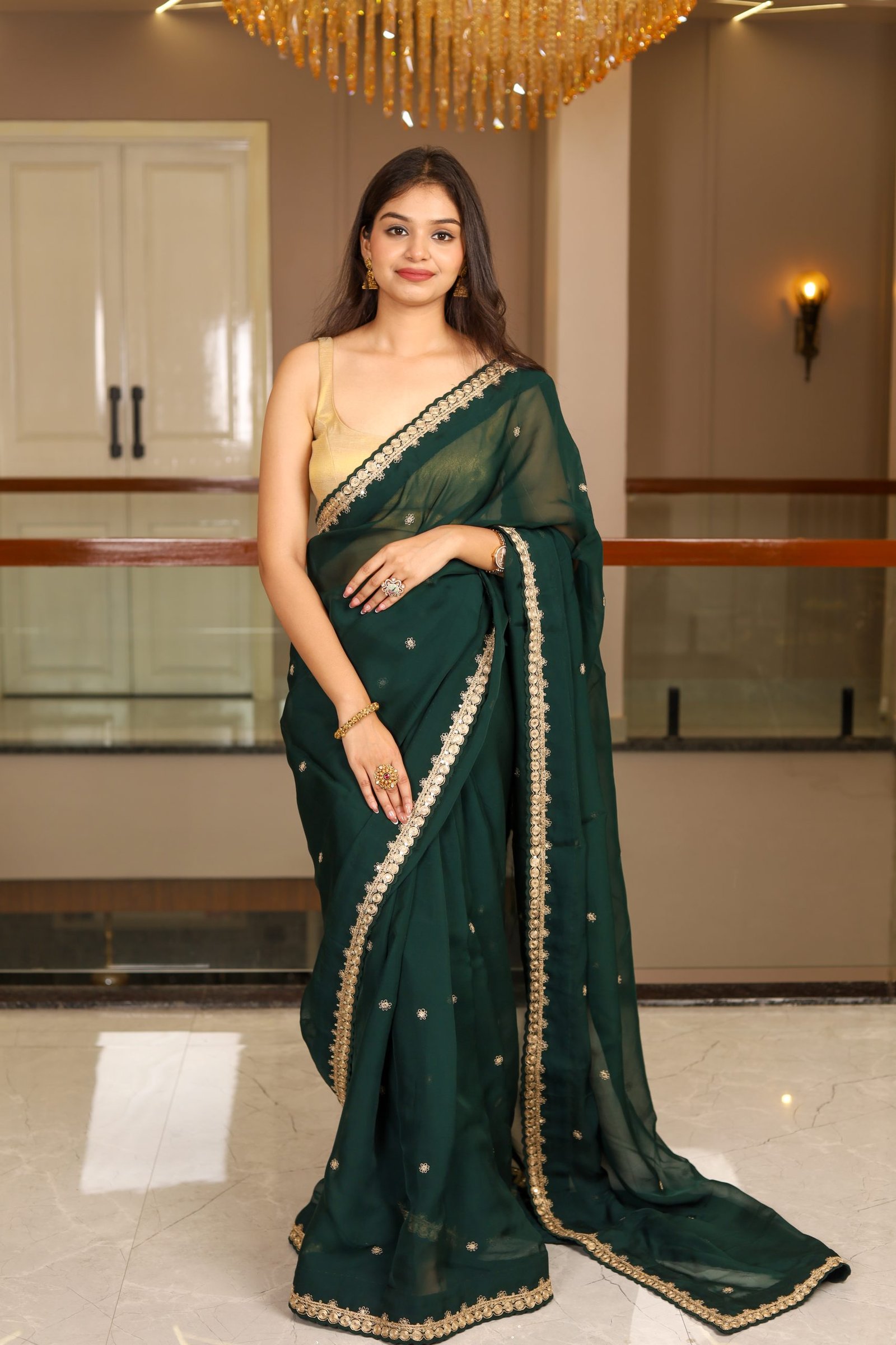 Emerald Grace – Bottle Green Organza Saree with golden embroidery 4