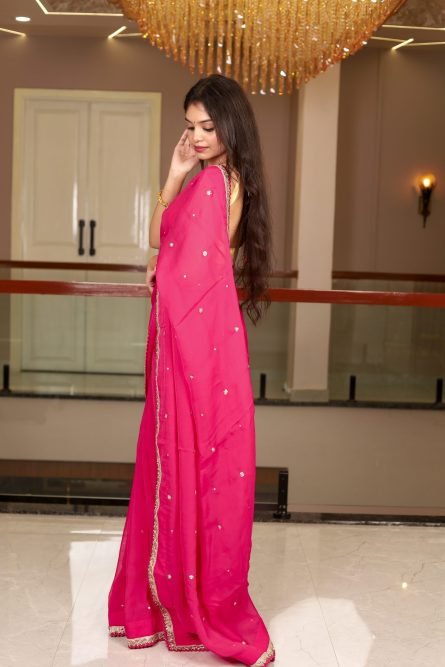 Magenta Bloom – Organza Saree with Allover Embroidery - Image 5