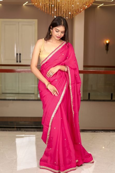 Magenta Bloom – Organza Saree with Allover Embroidery - Image 4