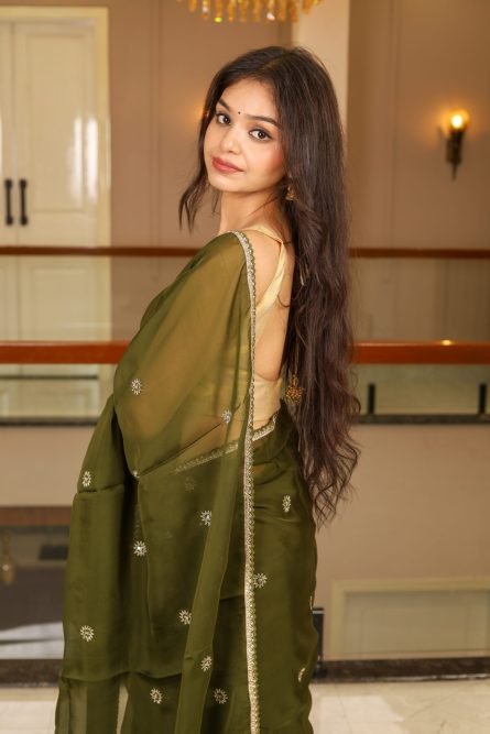 Olive Elegance – Organza Saree with Buti & Lace - Image 6