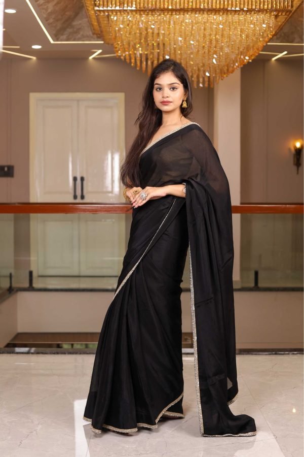 Midnight Charm – Black Chinon Saree with Lace Detailing