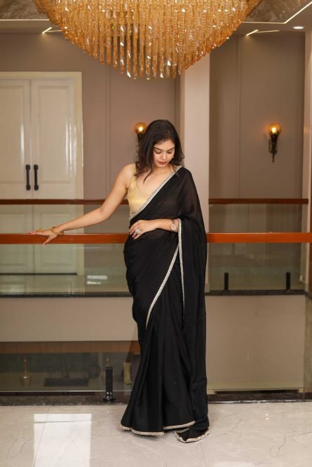 Midnight Charm – Black Chinon Saree with Lace Detailing