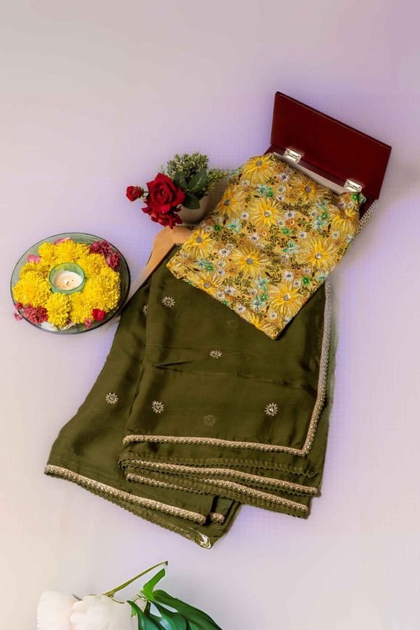 Olive Elegance – Organza Saree with Buti & Lace Olive Elegance – Organza Saree with Buti & Lace