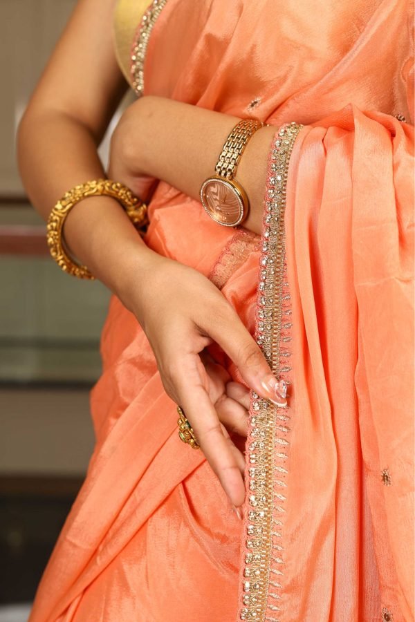 Peach Elegance – Chinon Saree with Embroidered Lace & Buti
