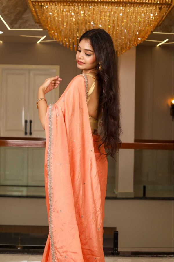 Peach Elegance – Chinon Saree with Embroidered Lace & Buti