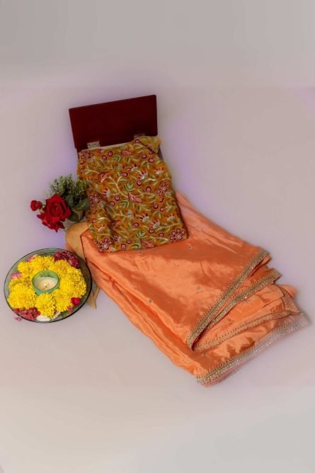 Peach Elegance – Chinon Saree with Embroidered Lace & Buti
