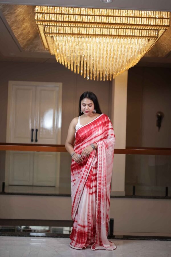 Maroon Mirage – Shibori Chinon Saree with White Lace Border