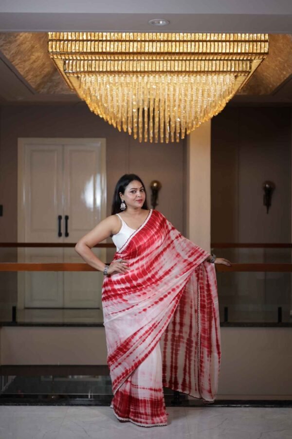 Maroon Mirage – Shibori Chinon Saree with White Lace Border