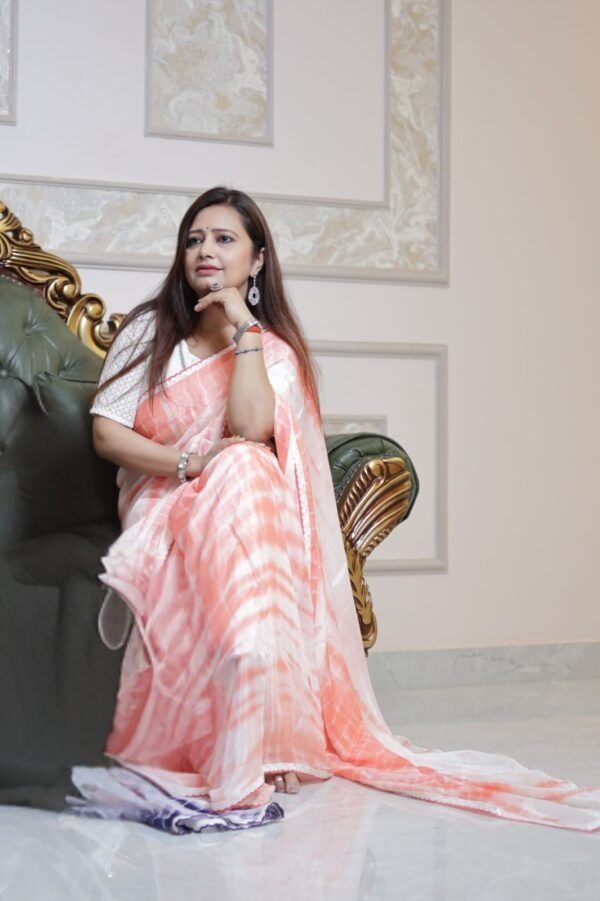 Peach Breeze – Shibori Chinon Saree with White Lace Border