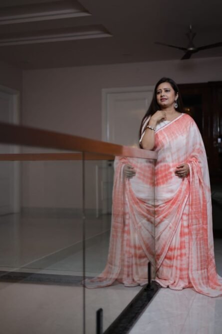 Peach Breeze – Shibori Chinon Saree with White Lace Border