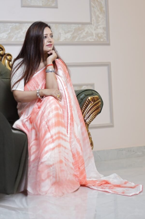 Peach Breeze – Shibori Chinon Saree with White Lace Border