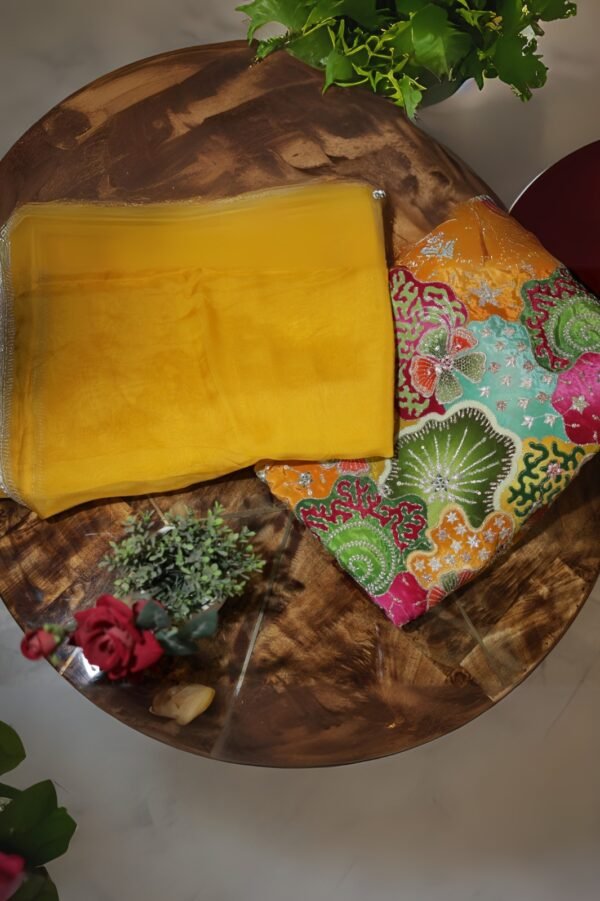 Sunlit Aura – Yellow Organza Saree with Embroidered Lace Sunlit Aura – Yellow Organza Saree with Embroidered Lace