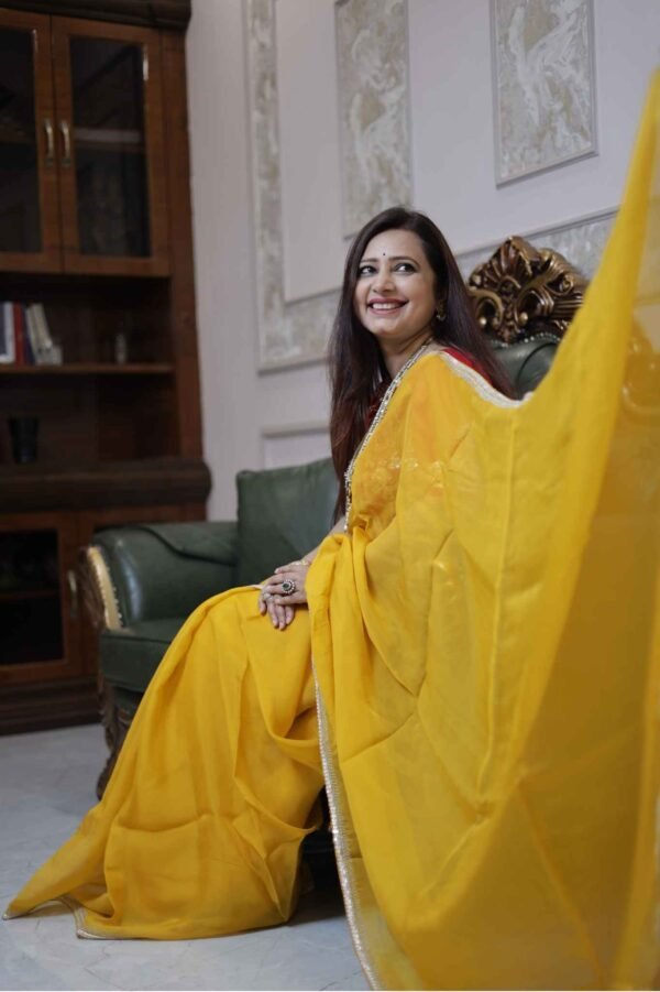 Sunlit Aura – Yellow Organza Saree with Embroidered Lace