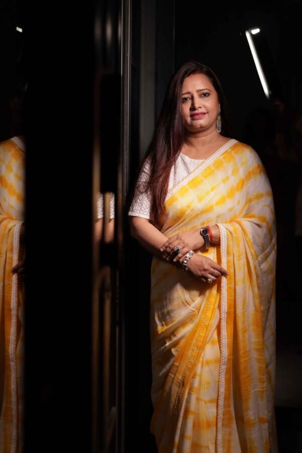 Sunshine Swirl – Yellow Shibori Chinon Saree