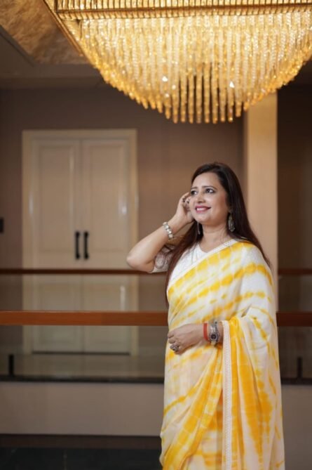 Sunshine Swirl – Yellow Shibori Chinon Saree - Image 4